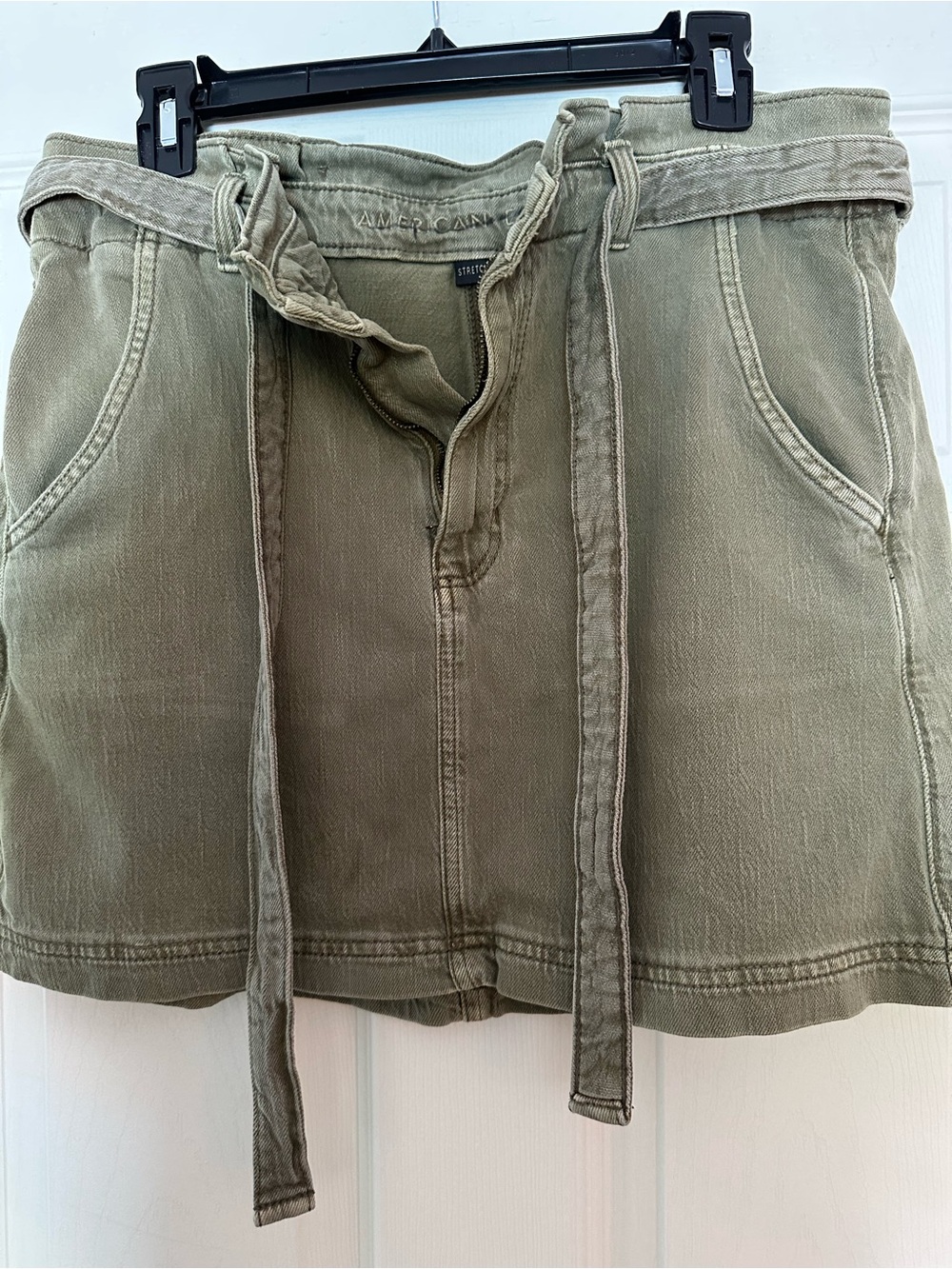 American Eagle Olive Green Stretch Mini Skirt with Waist Tie